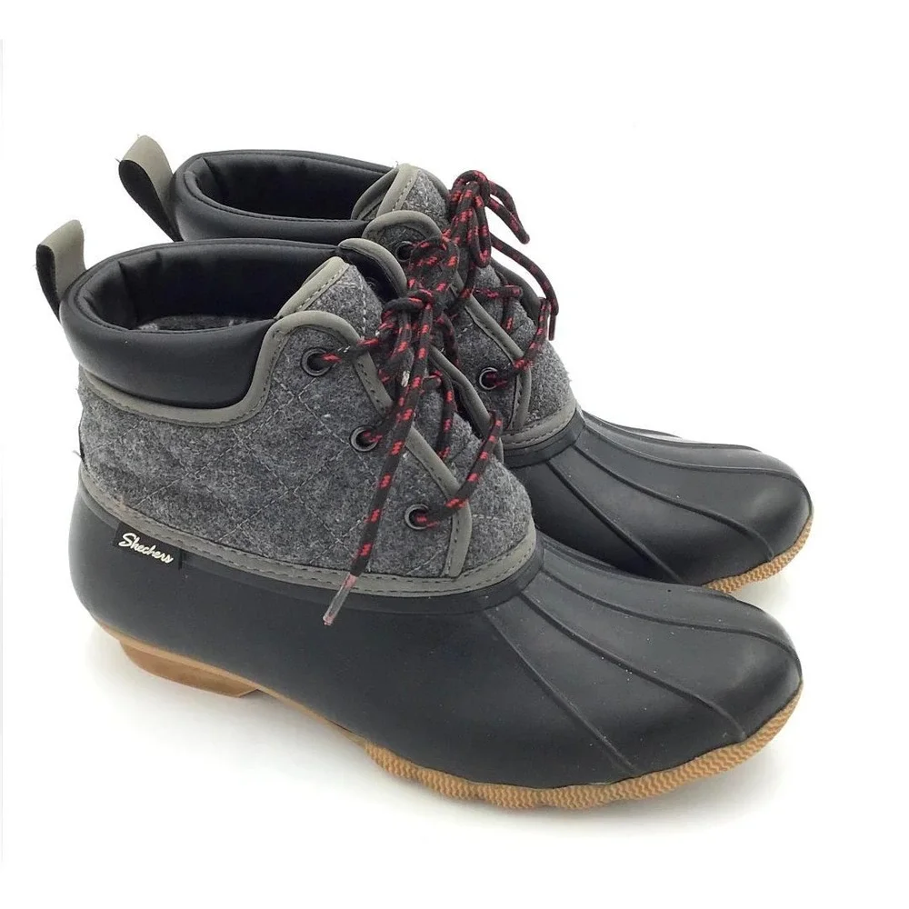 Skechers Duck Ankle Boots Womens 9 Black Grey Felt Quilted Camping Work Gameday